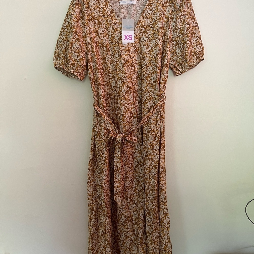 🛍️ Primark Cares Women Floral Tan Midi Dress XS Boho Cottagecore Indie Casual - Picture 6 of 16